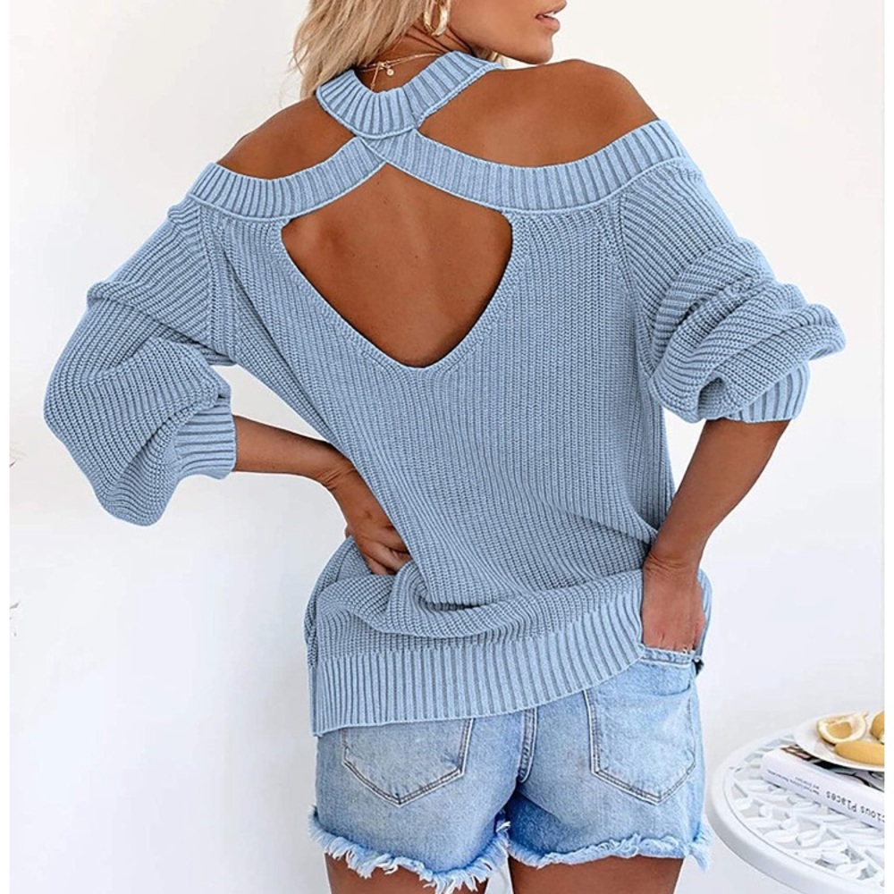 🆕Halter Neck Lantern Sleeve Backless Knit Sweater - Picture 2 of 2